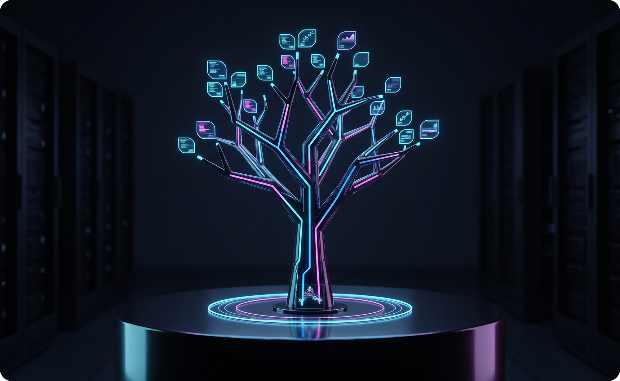 Digital tree with circuit branches and data panels symbolizing an API